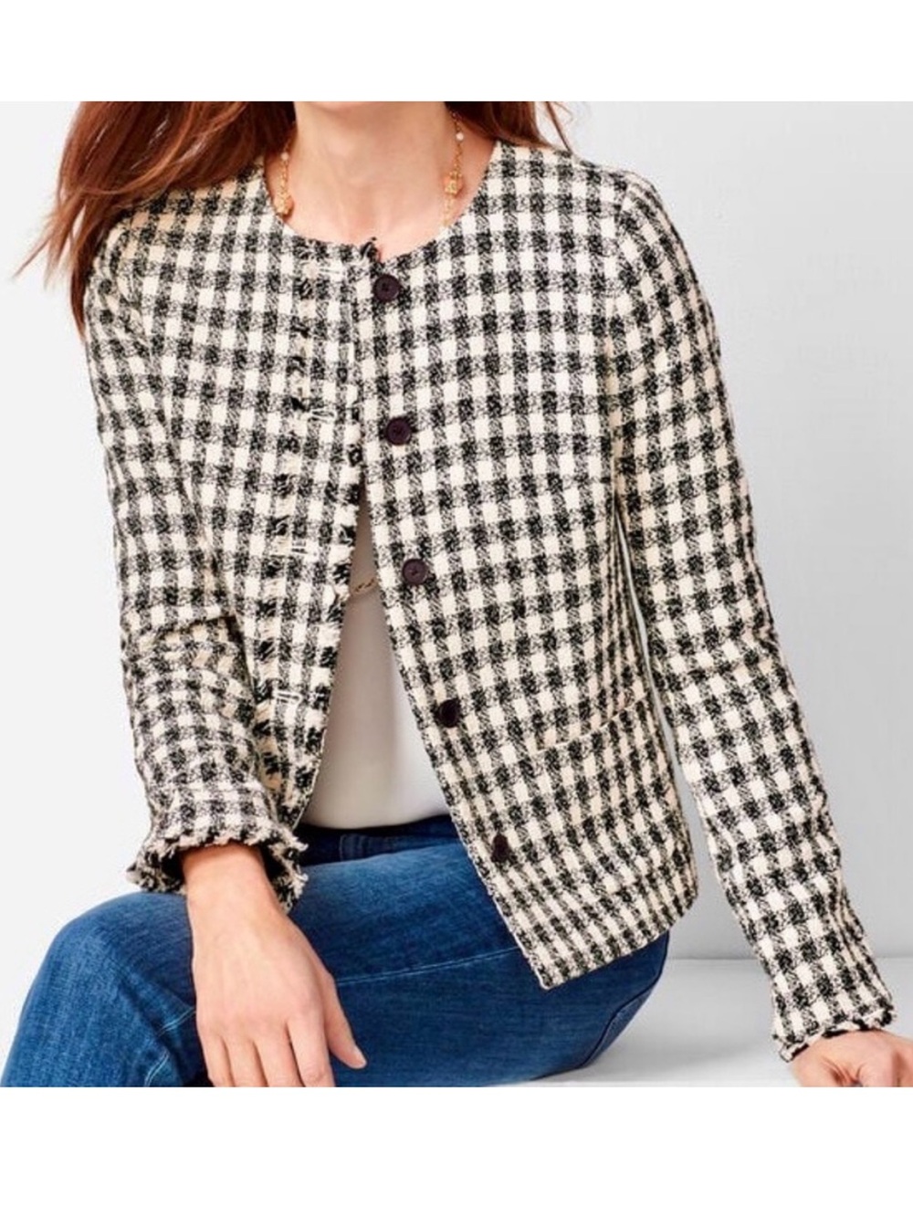 Talbots Gingham Tweed Fringed Jacket Women’s Size 12 Petite Button Front Plaid
